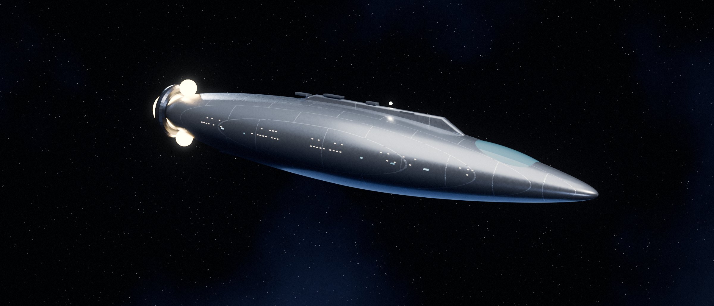 The USS Arcana in deep space: a long, silver and blue hull drawn to a fine point at the bow, a dark glass bridge across its upper bow, rows of lit windows along its flank, and three amber orb engines glowing at the stern.