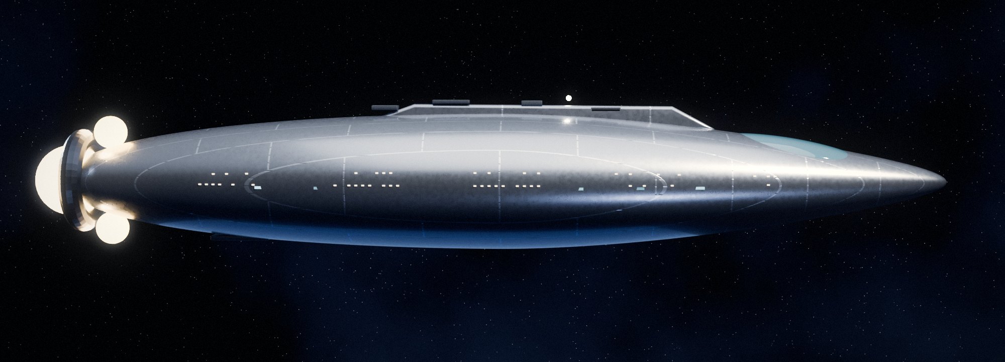 The USS Arcana seen side on, from stern to bow: the orb engines in their collar, the low spine along the top of the hull, the lit panels at the waterline and the bridge canopy near the bow.